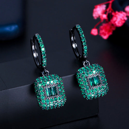 European and American popular square emerald gemstone micro-set zirconia earrings featuring a fashionable elliptical-shaped ear hook as the earpiece accessory