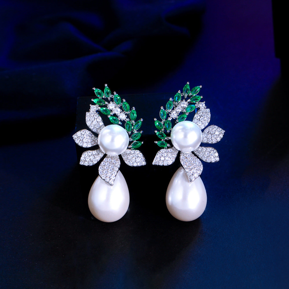 S925 silver needle luxury three-dimensional pearl flower style national trend ear jewelry new Chinese style zirconium stone inlaid pearl earrings