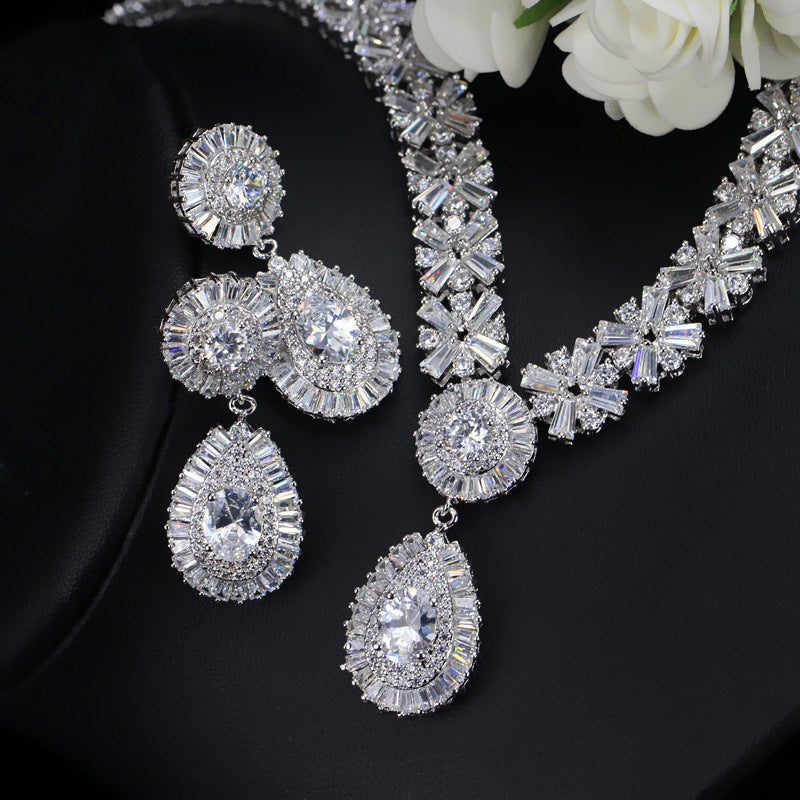 Bride's banquet set - Pure handcrafted copper necklace set with AAA quality zirconia stones - Simple and elegant style