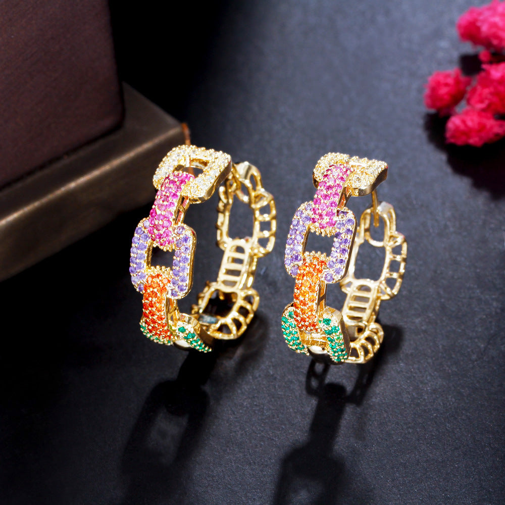 French-style rainbow hoop earrings with colorful zirconia stones small red book Douyin influencer gradient color chain ear ring accessory