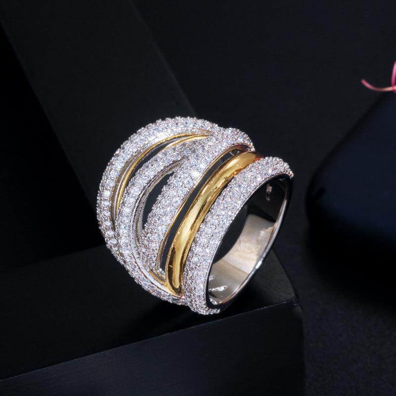 European and American style micro-set diamond ring with double-color electroplating finger ring