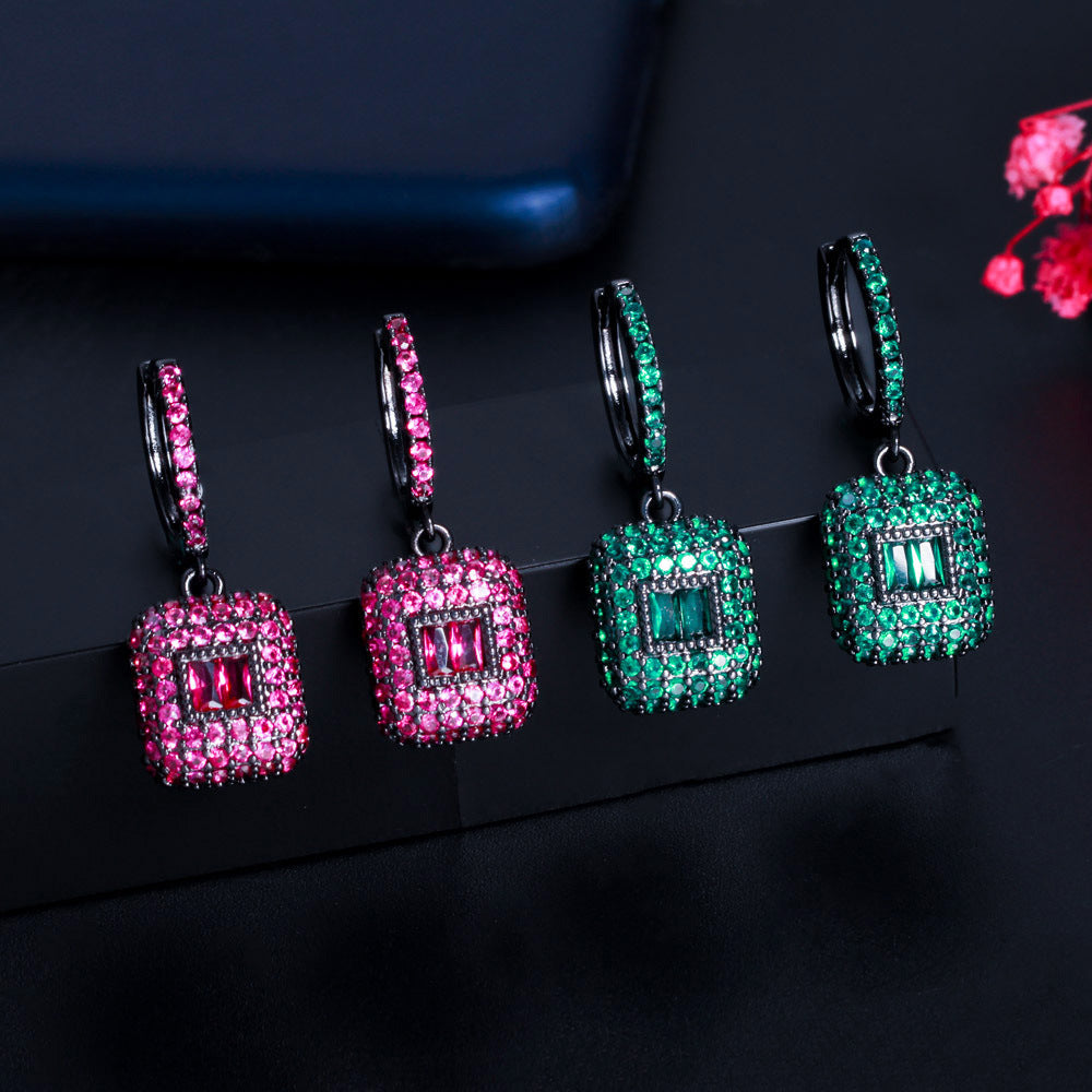 European and American popular square emerald gemstone micro-set zirconia earrings featuring a fashionable elliptical-shaped ear hook as the earpiece accessory