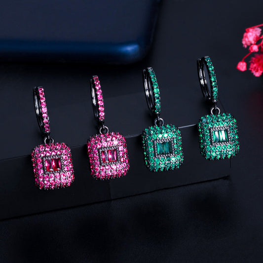 European and American popular square emerald gemstone micro-set zirconia earrings featuring a fashionable elliptical-shaped ear hook as the earpiece accessory
