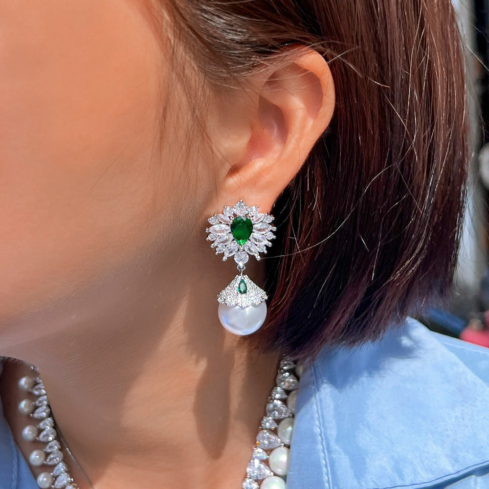 S925 silver filigree light luxury style vintage full-diamond flower pearl earrings dazzling emerald zircon ear accessories