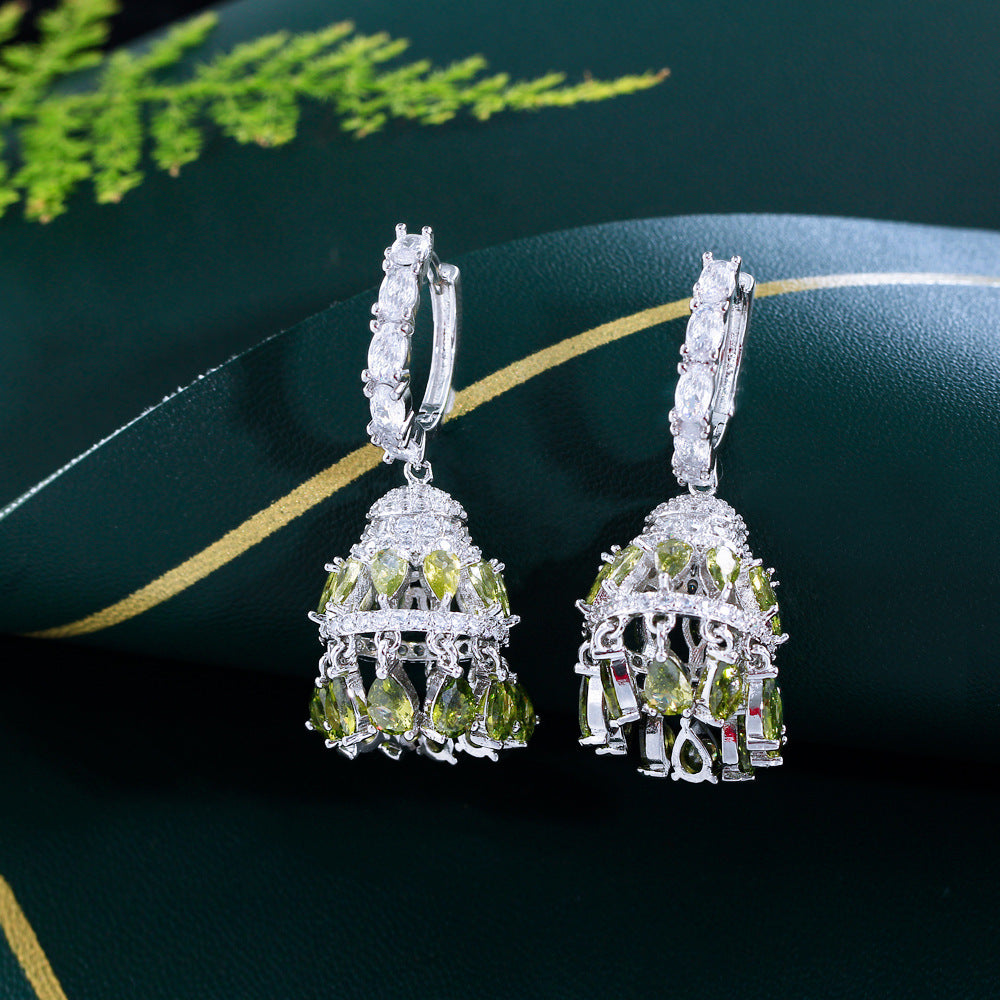 European Heavy Industry Luxurious Retro Court Style Zircon Earrings with Full-Diamond Tassels and Hollow Bell Chimes Hollow Ear Accessories