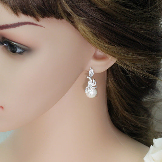 Korean style ear ornaments - pearl and zirconia earrings Simple and fashionable long-style earrings