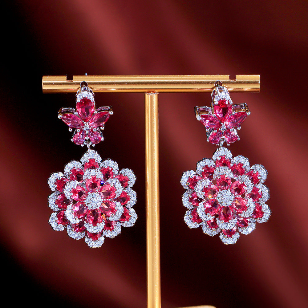 S925 silver needle luxury niche design double-layer flower-shaped synthetic red corundum earrings stylish and elegant zircon earrings