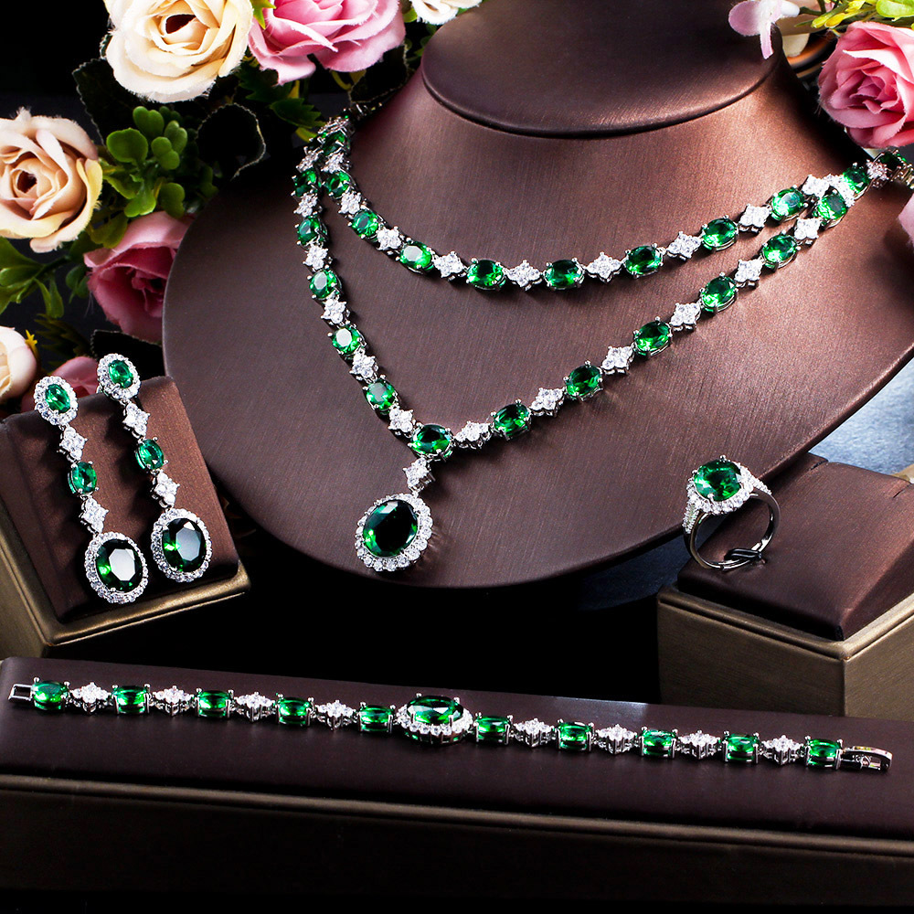 Heavy Industry Design Emerald Gemstone Necklace Earrings Ring Bracelet Set with Precious Zirconia - Bridal Wedding Dress Accessories