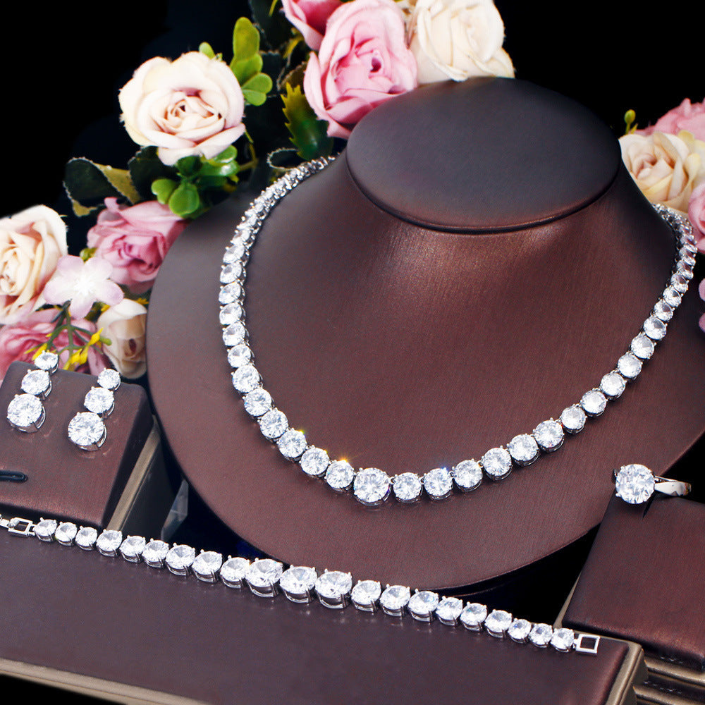 European style minimalist banquet dress accessory set - chain with zirconia necklace earrings bracelet and ring set