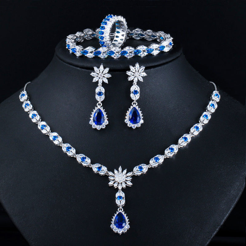 European and American fashion AAA zircon bracelet - perfect accessory for the bride's banquet Set includes necklace earrings ring and bracelet