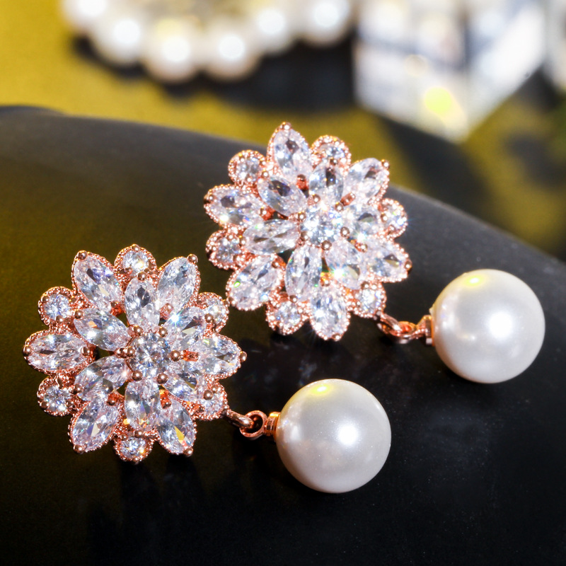 European-style bridal earrings - pearl with tiny inlaid zirconia combination earrings