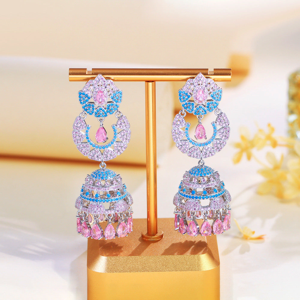 S925 silver needle luxury glittering with full diamonds heavy-weight three-dimensional wind chime long-style ear pendant with micro-set colored zircon bells earrings accessory