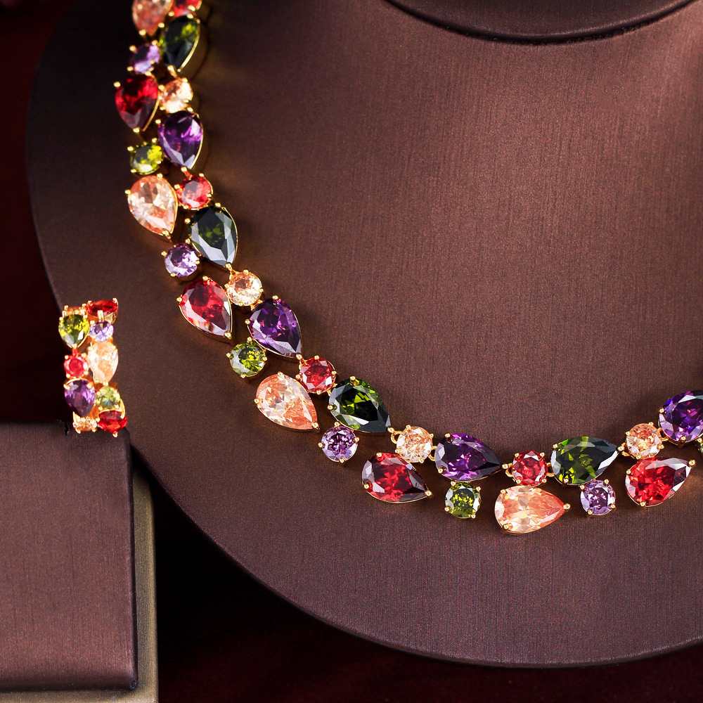 European and American luxurious zircon water-drop Mona Lisa necklace set for formal event dress colorful water-drop earrings and necklace set
