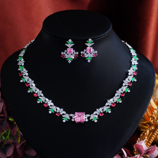 Feminine French vintage polychrome zircon jewelry necklace set - perfect for wedding and banquet occasions featuring an elegant necklace earrings and a chain
