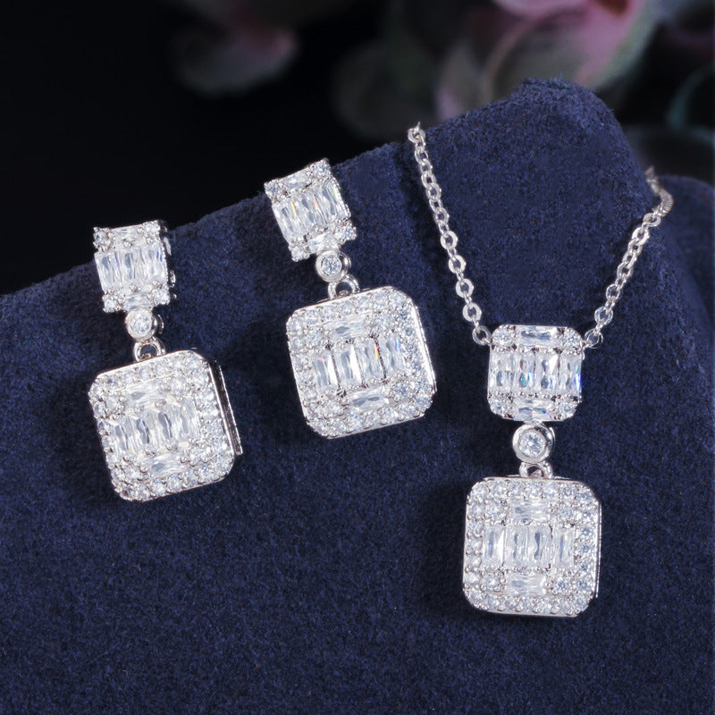 Korean version of S925 silver heart-shaped stud earrings with tiny inlaid zirconia pendant necklace set - elegant jewelry popular online item must-have accessory