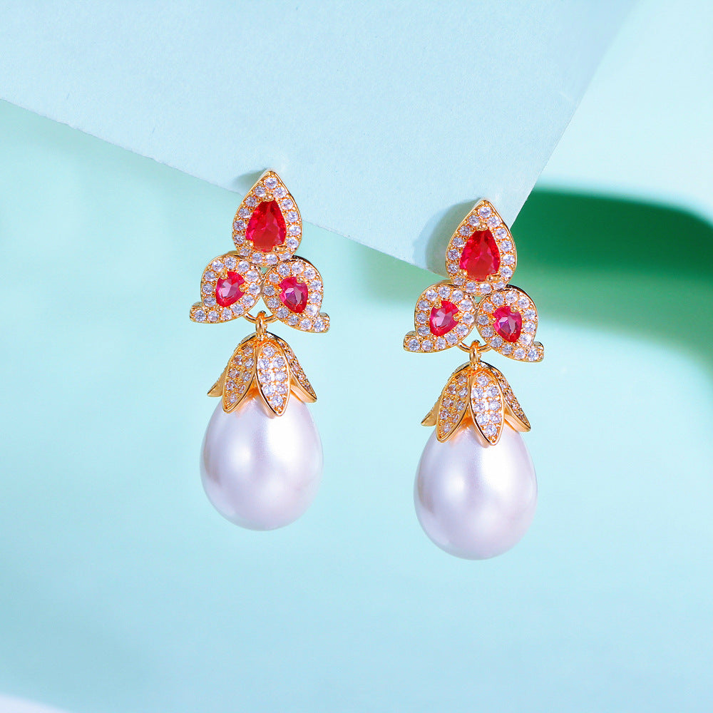 S925 silver needle luxury retro pearl teardrop earrings Chinese trend-themed niche micro-set zircon and pearl earrings accessory