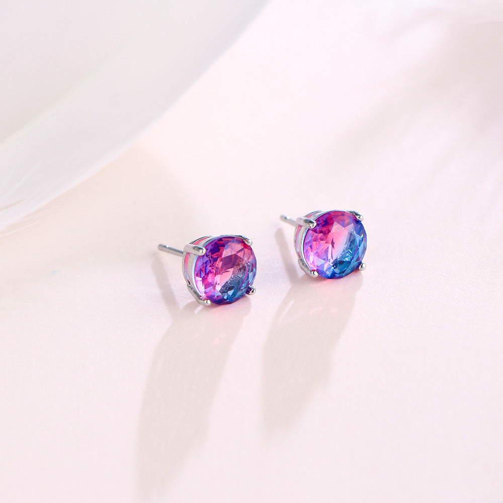 European and American cross-border luxury classic four-prong small stud earrings with round gradient tourmaline stone 8MM fashionable earrings