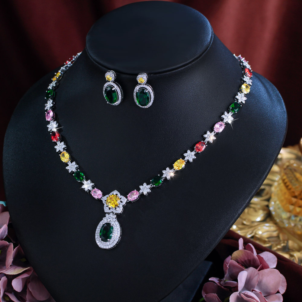 European and American fashionable colorful zircon necklace earrings bracelet evening dress formal wear bridal jewelry set