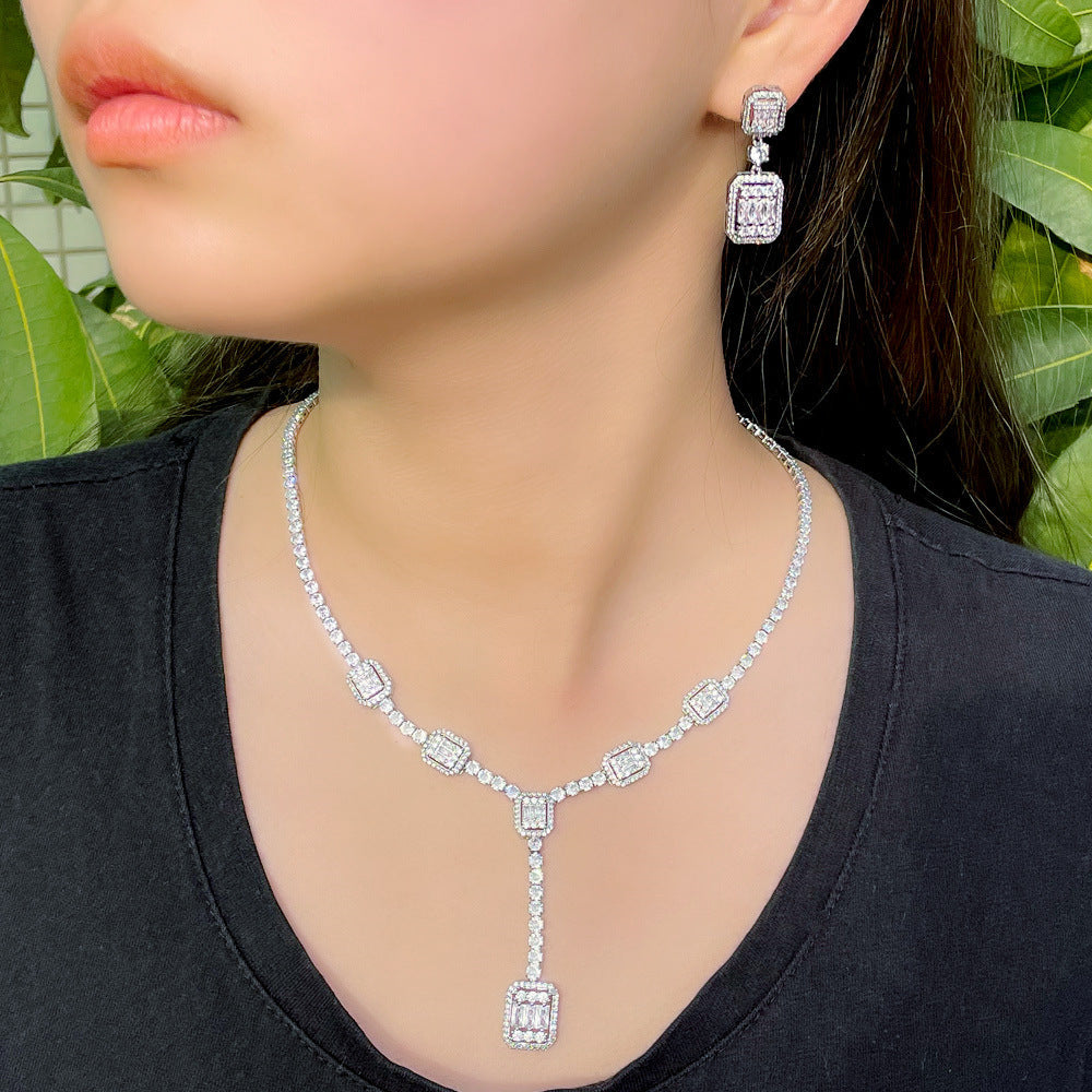 European and American bride jewelry set - dazzling zircon wedding necklace earrings two-piece chain evening gown dress wedding accessory set