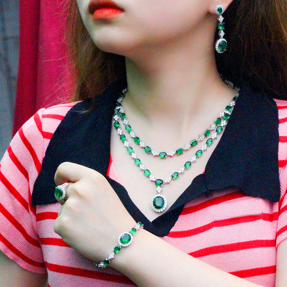 Heavy Industry Design Emerald Gemstone Necklace Earrings Ring Bracelet Set with Precious Zirconia - Bridal Wedding Dress Accessories