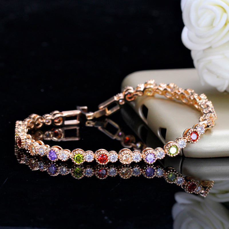 Best-selling European and American trendy luxurious colorful 3A zirconia bracelet Environmentally friendly copper electroplating with genuine gold for long-lasting color retention