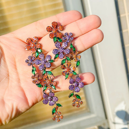 S925 silver needle high-end lady-style flower petal long-style earrings with heavy-weight colored tassels as ear jewelry