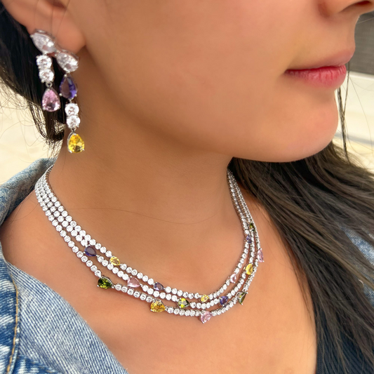 French-style minimalist luxury diamond evening dress necklace with multiple layers of diamond drop collar chain earrings and chain bracelet set