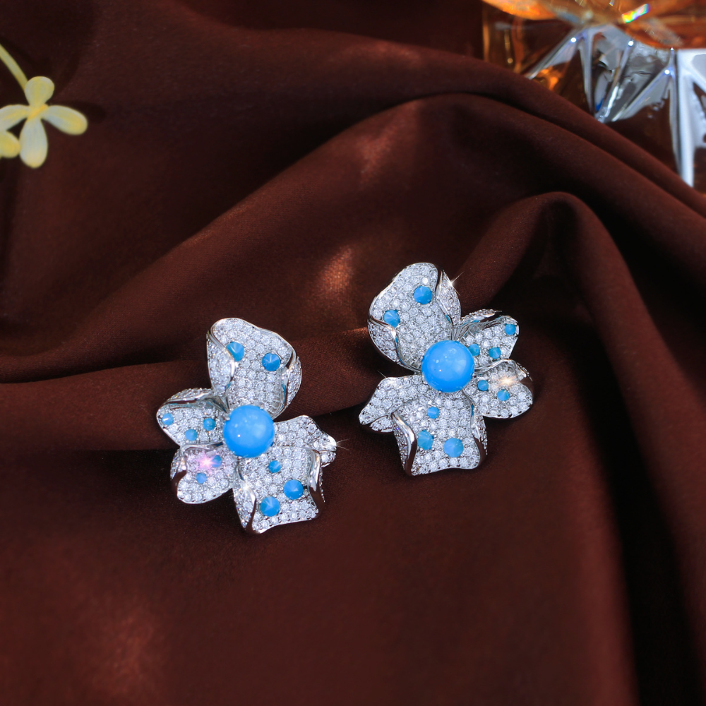 Court-style minimalist luxury full of zircon flowers and blue turquoise S925 silver needle-shaped earrings and earings elegant and grand jewelry style ear accessories