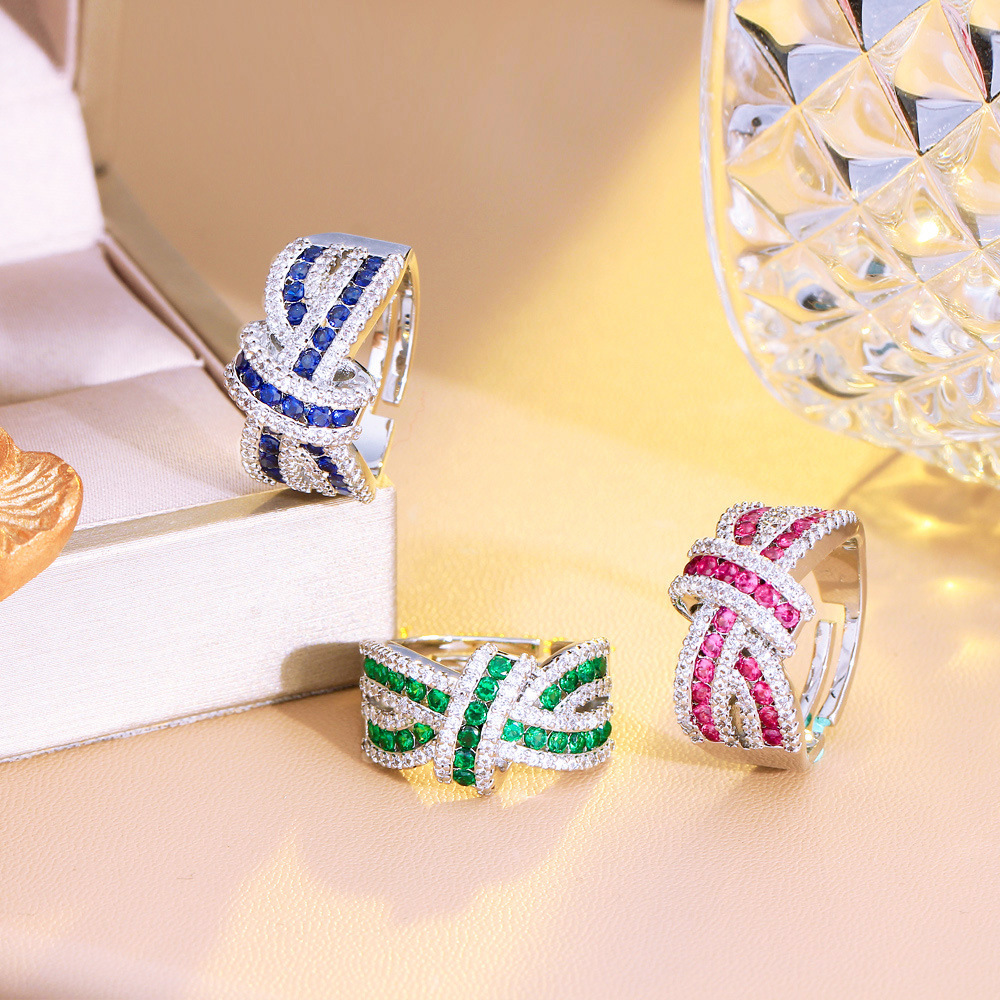 Luxury chic sparkling three-dimensional bow set with diamonds open ring irregular strip-shaped crossed zirconium ring finger ring