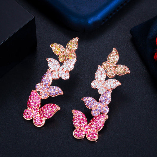S925 silver needle rose gold butterfly zirconia earrings - Korean version versatile and fashionable ear accessories