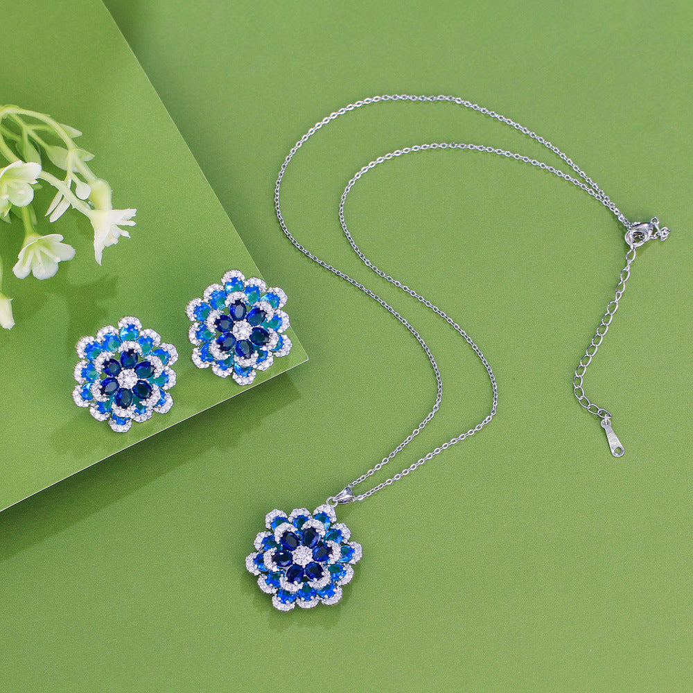 S925 silver needle French-style minimalist vintage double-layer three-dimensional full-diamond blue flower necklace stud set chain zirconium jewelry set
