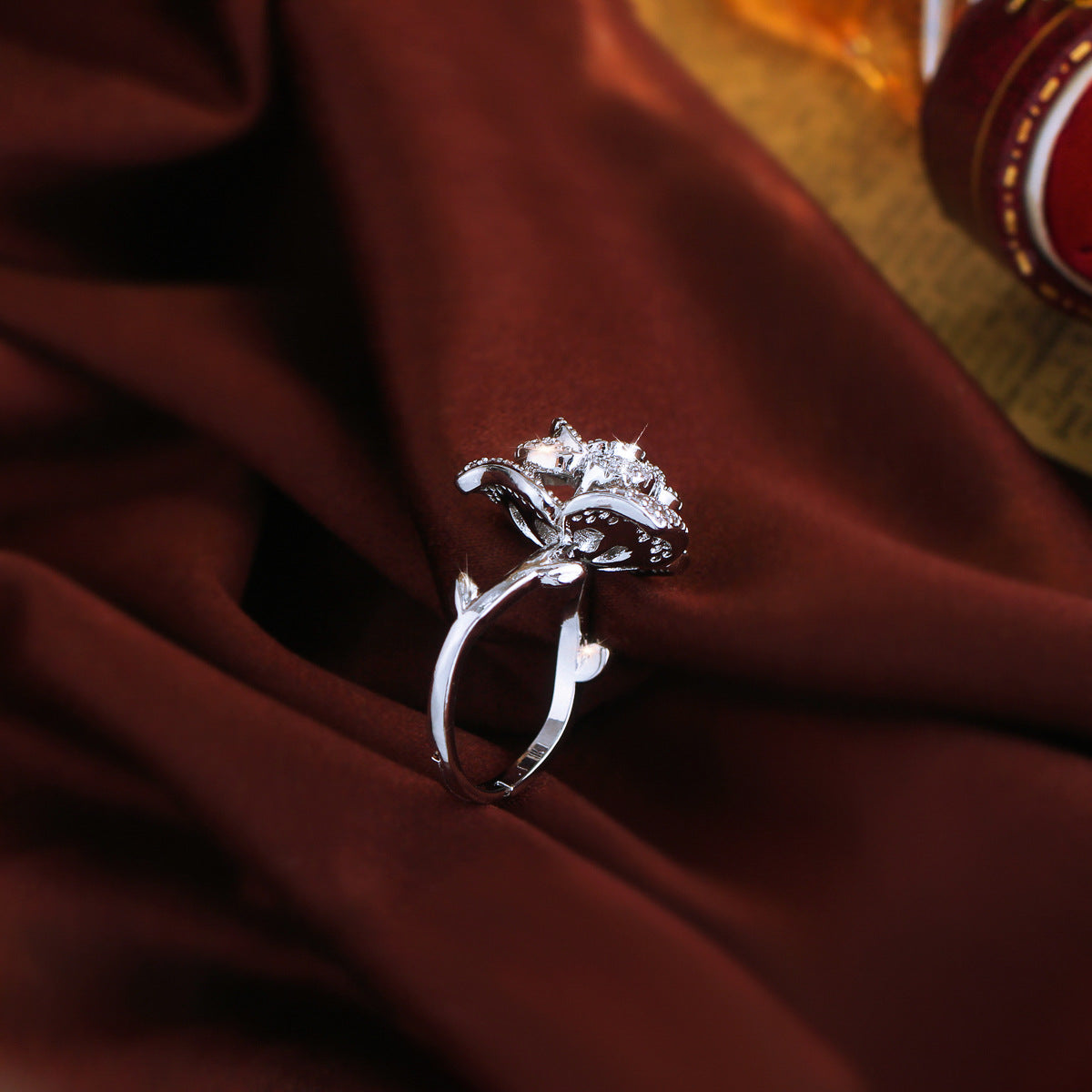 Three-dimensional camellia flower set with diamonds ring for the index finger of the female retro-style rose flower zircon jewelry accessory