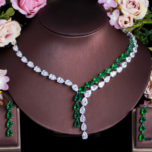 Marriage wedding dress formal wear accessory set simple two-color patchwork drop-shaped zirconia jewelry necklace earrings bracelet for women