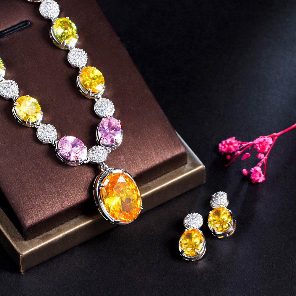 European and American ultra-fantastic retro-style colored zirconia necklace earrings and chain set bridal jewelry set of two pieces