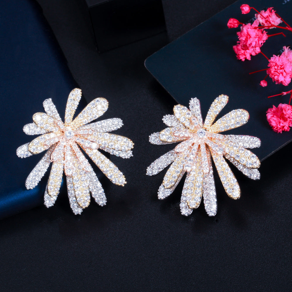 European and American fashion three-layered multi-layered flower-shaped zirconia stud earrings Full-diamond brass three-color electroplated sunflower style earrings