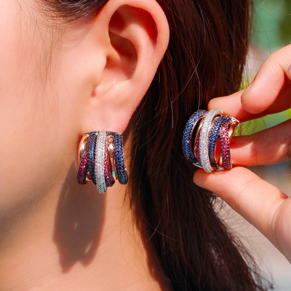 Best-selling earrings - three-color electroplated with tiny-set zirconia - eye-catching earrings with ear clasps