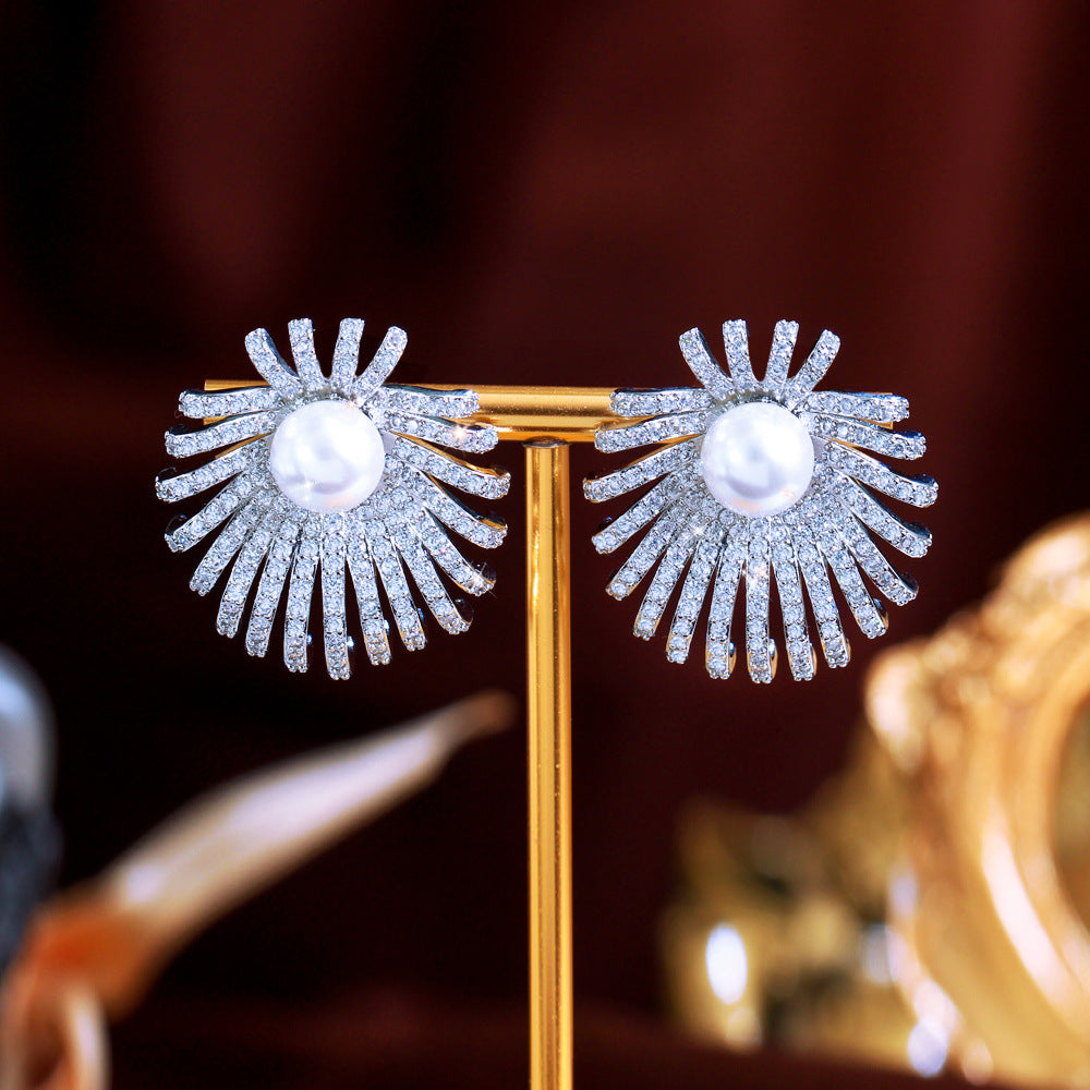 S925 silver filigree vintage sparkling fireworks pearl zirconia earrings - unique and versatile design with micro-set full diamond ear studs
