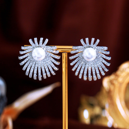 S925 silver filigree vintage sparkling fireworks pearl zirconia earrings - unique and versatile design with micro-set full diamond ear studs