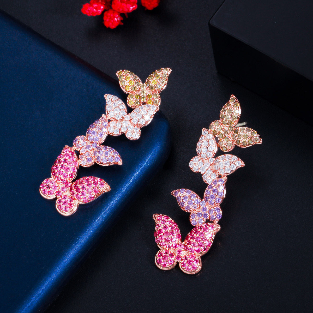 S925 silver needle rose gold butterfly zirconia earrings - Korean version versatile and fashionable ear accessories