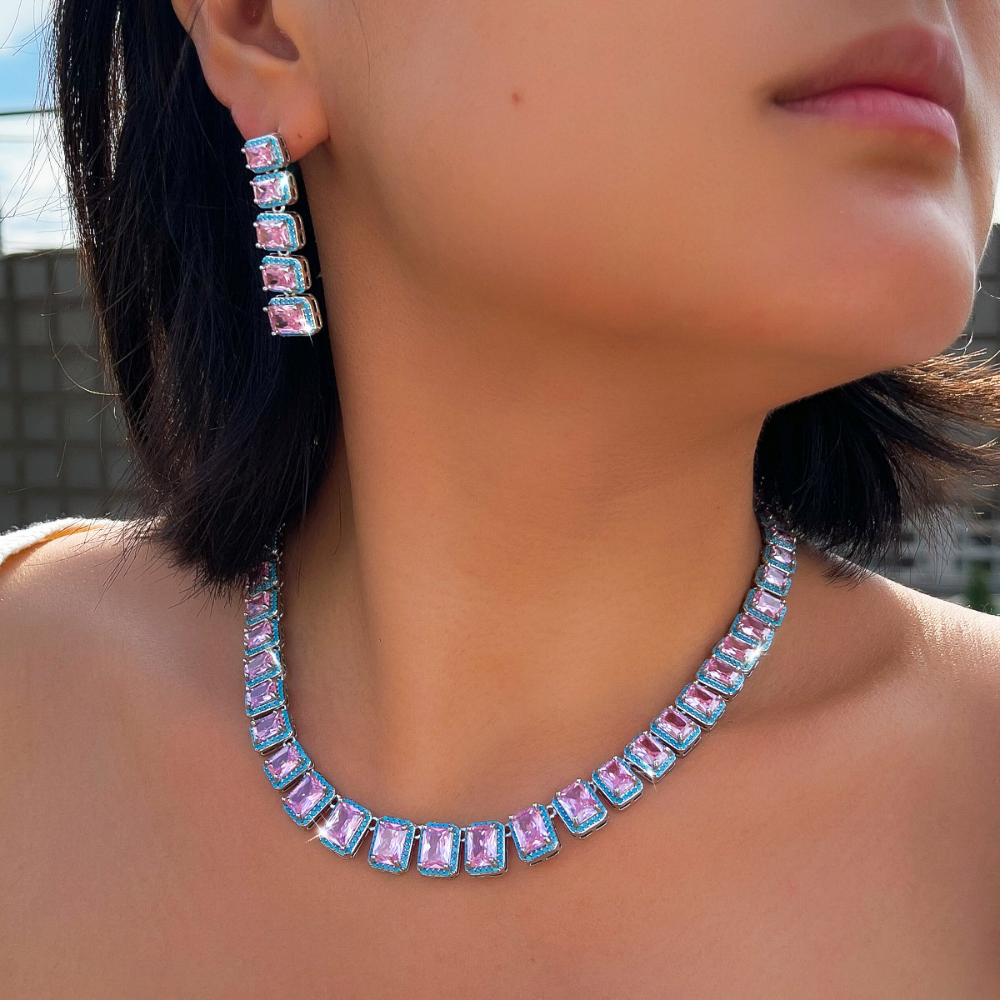 French-style luxurious jewelry necklace earrings set - Pink zirconia ultra-bright evening gown wedding dress bridal accessory chain set