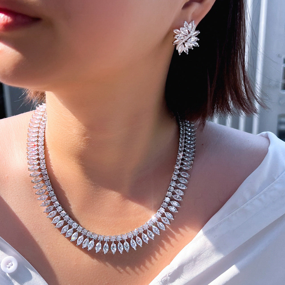 European and American fashion full-diamond evening gown cocktail necklace earrings set chain with marquise zirconia effect bridal set