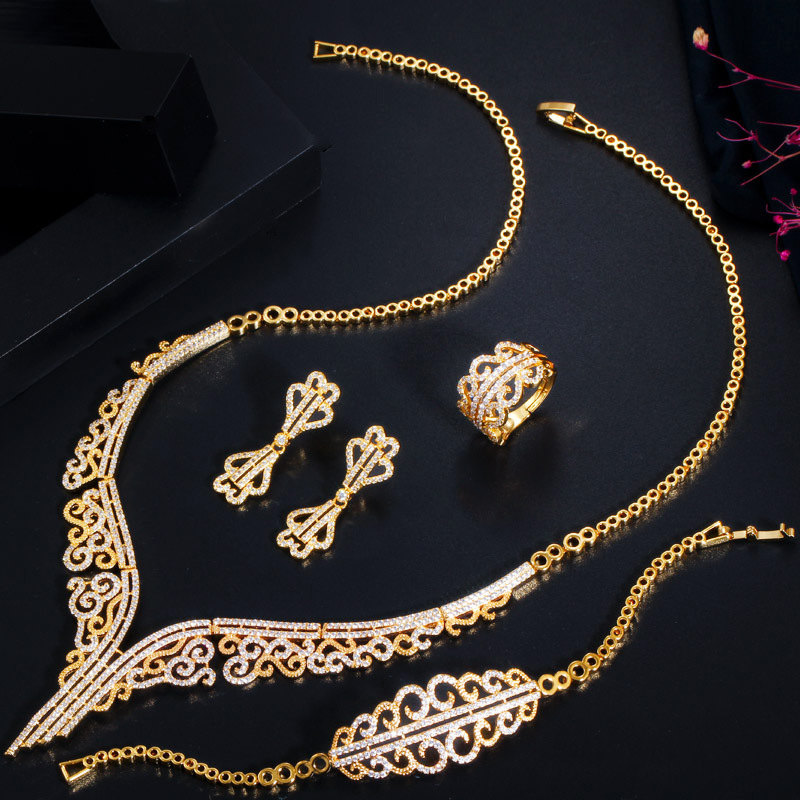 New European and American style set jewelry batch electroplated with K gold necklace earrings bracelet and ring set