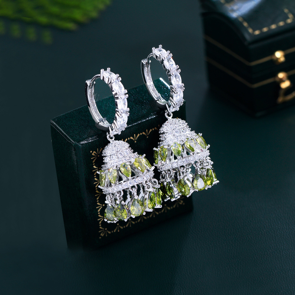European Heavy Industry Luxurious Retro Court Style Zircon Earrings with Full-Diamond Tassels and Hollow Bell-shaped Hanging Chimes Ear Accessories