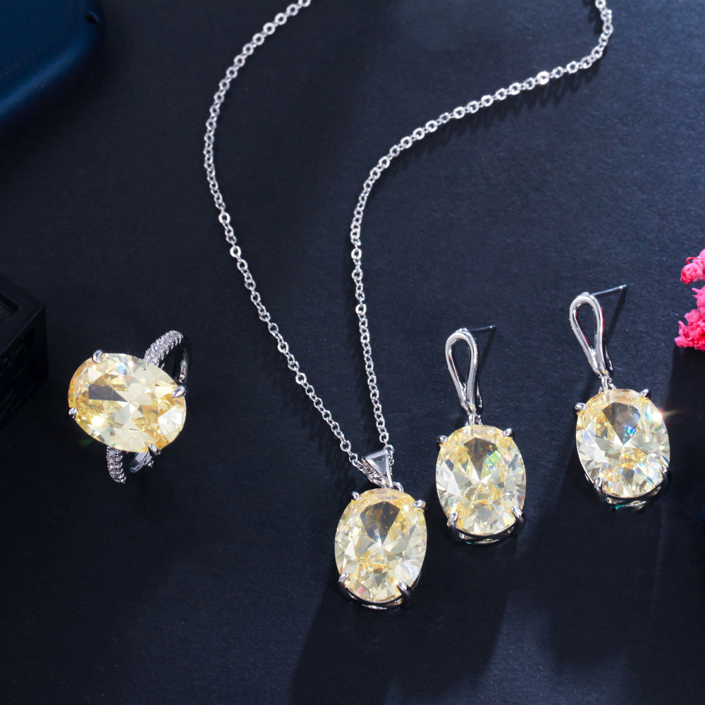 Ins Cool Style Necklace Earrings - Elegant Luxurious, Small-Scale Minimalist Zirconia Drop Earrings Ring Set Three-Part Chain