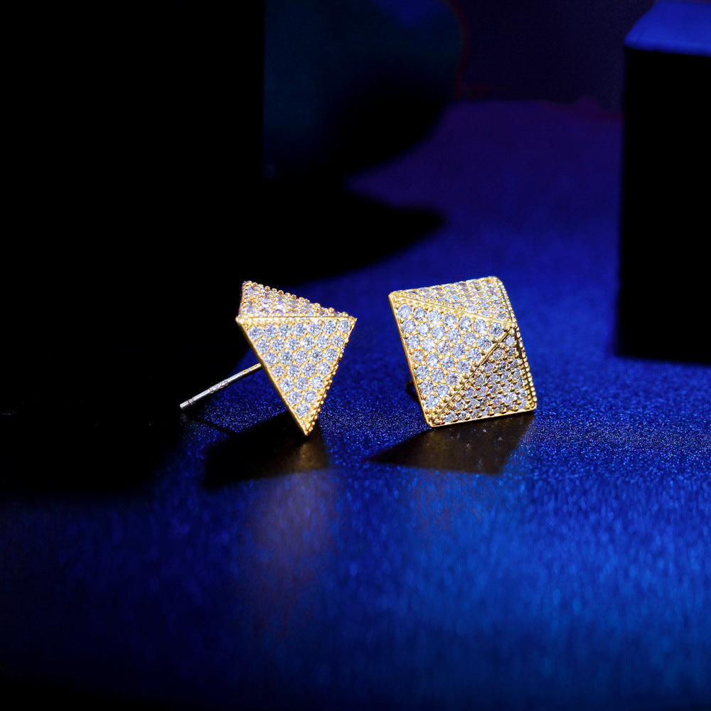 S925 silver needle small-scale design micro-set full-diamond pyramid earrings star-shaped square zirconia ear accessories