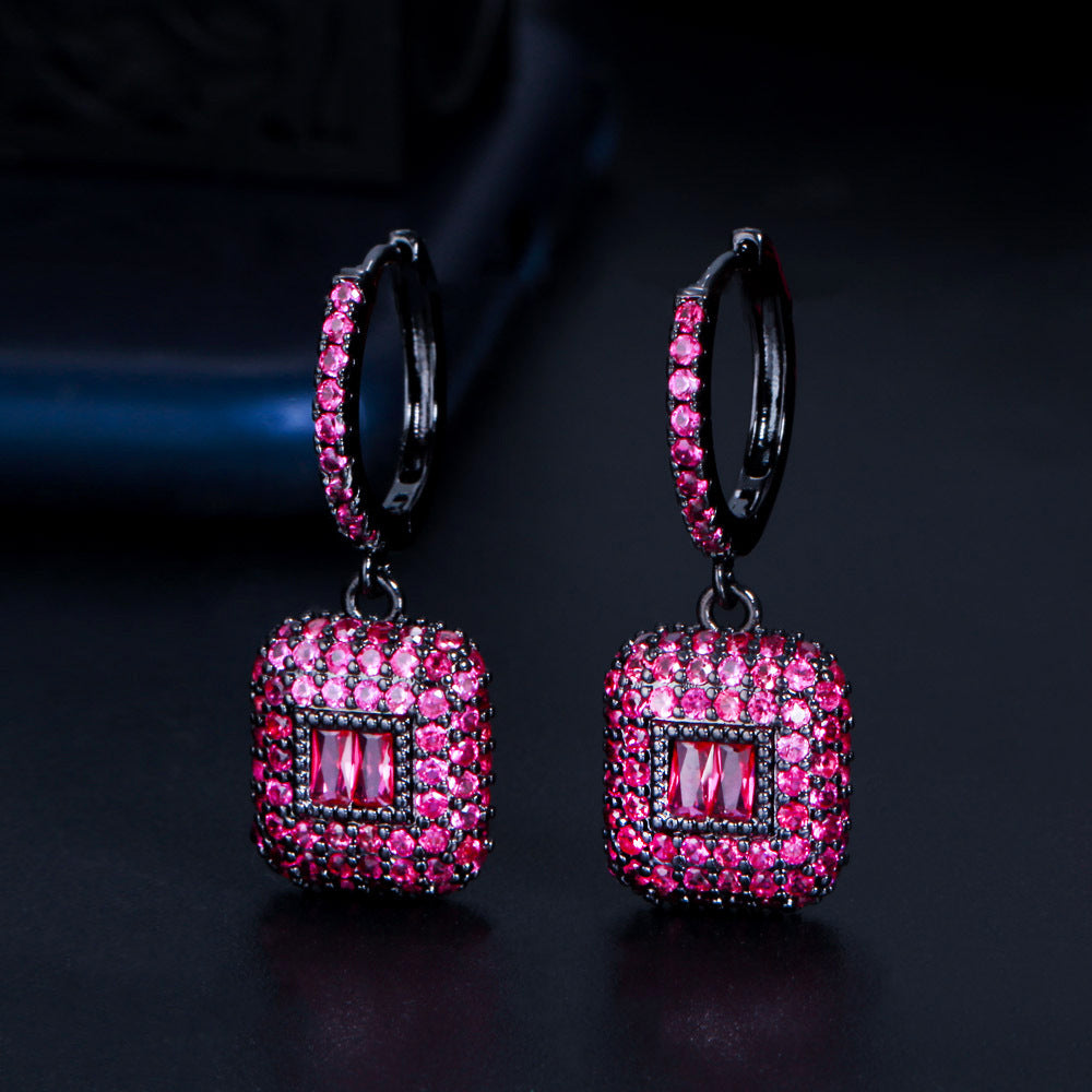 European and American popular square emerald gemstone micro-set zirconia earrings featuring a fashionable elliptical-shaped ear hook as the earpiece accessory