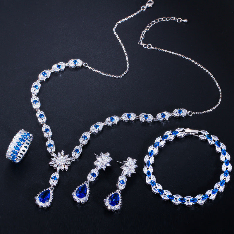 European and American fashion AAA zircon bracelet - perfect accessory for the bride's banquet Set includes necklace earrings ring and bracelet