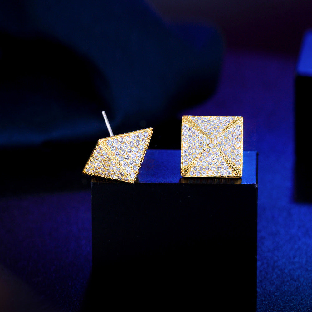 S925 silver needle small-scale design micro-set full-diamond pyramid earrings star-shaped square zirconia ear accessories