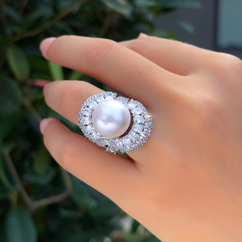 French-style romantic and fashionable pearl ring for women light luxury high-end elegant and versatile ring for the index finger featuring zirconium stones