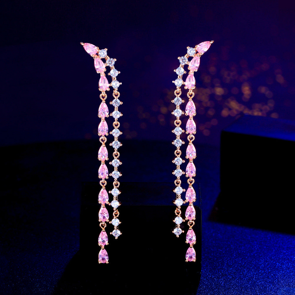 S925 silver thread fresh and sweet fairy-style powder diamond long dangling earrings with ultra-shiny full-zirconia and versatile ear pendants
